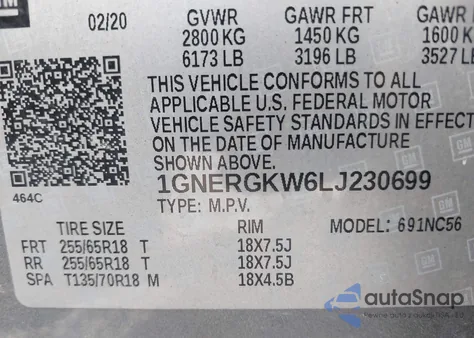 2020 Chevrolet Traverse Fwd Lt Cloth from USA, damaged, VIN 1GNERGKW6LJ230699